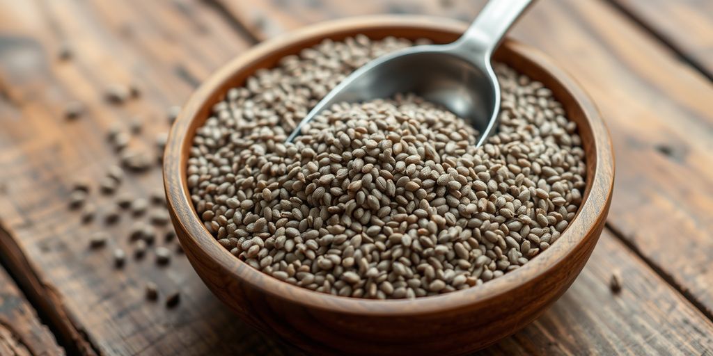 Chia seeds in a wooden bowl with a scoop.