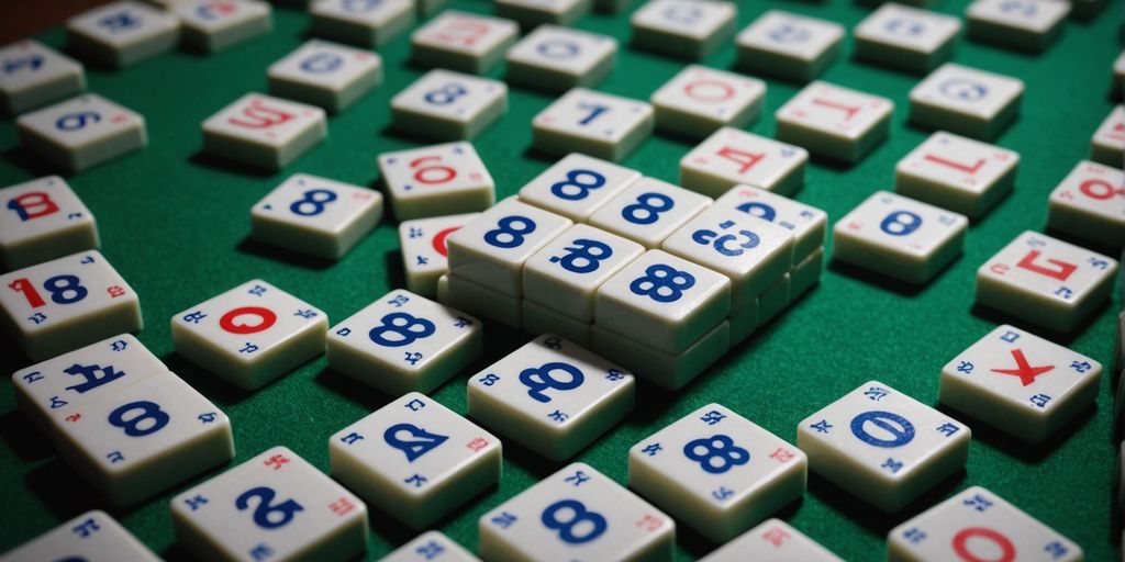 Close-up of Mahjong tiles showing various numbers and symbols.