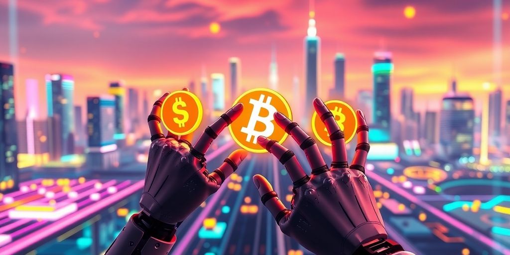 AI wallets trading digital currency in a futuristic setting.