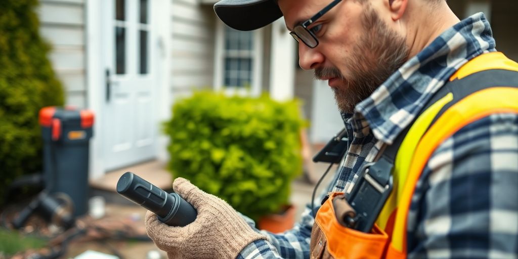 Restoration professional inspecting property damage with tools.