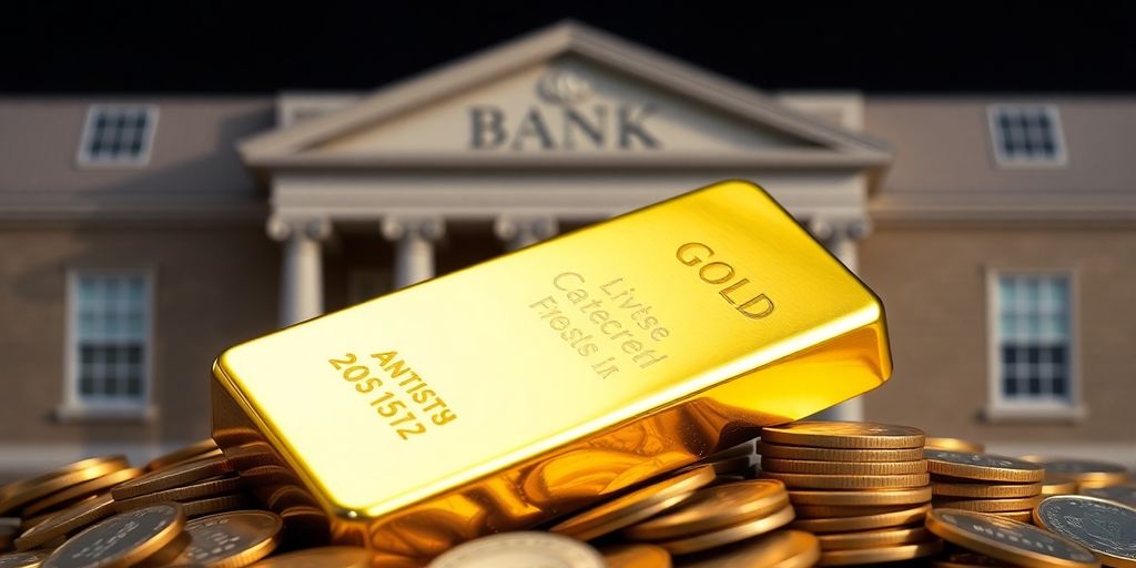 A gold bar and a bank in the background.