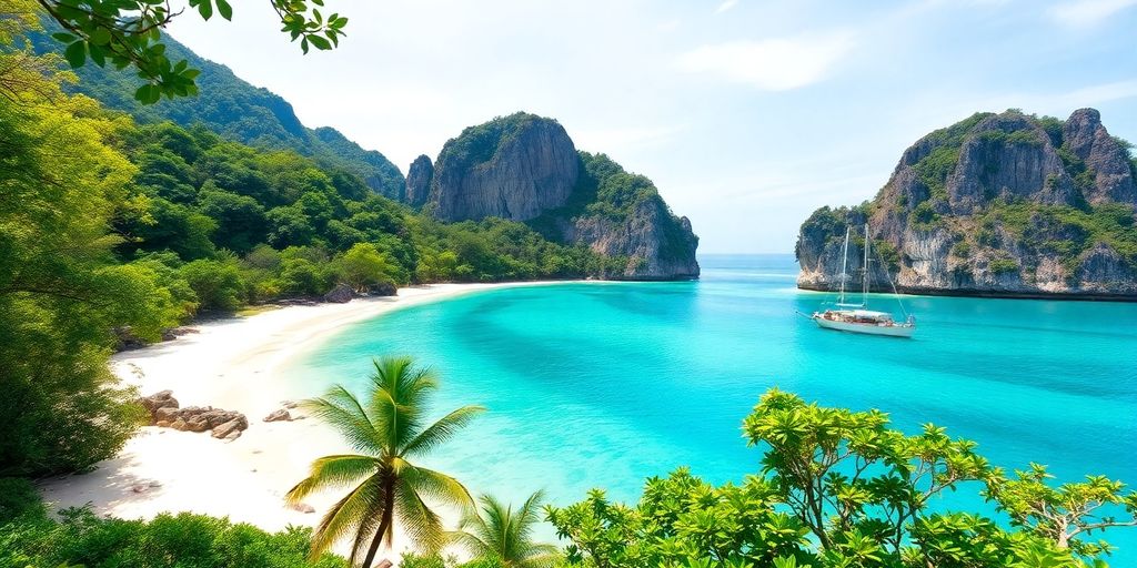 Railay Beach view with cliffs and clear blue waters.
