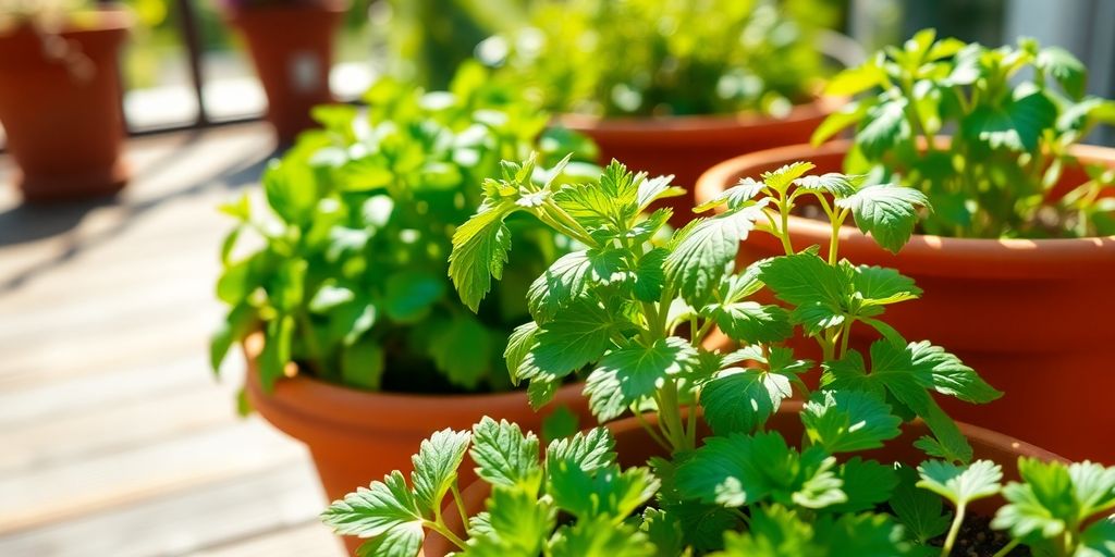 Frische Kräuter in Töpfen auf sonniger Terrasse