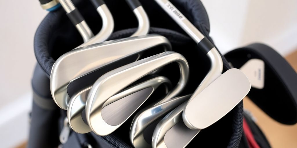 Golf bag with clubs, focusing on wedges.