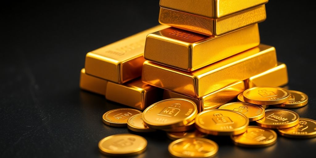Lingots et pièces d'or scintillantes empilés sur une table sombre.
