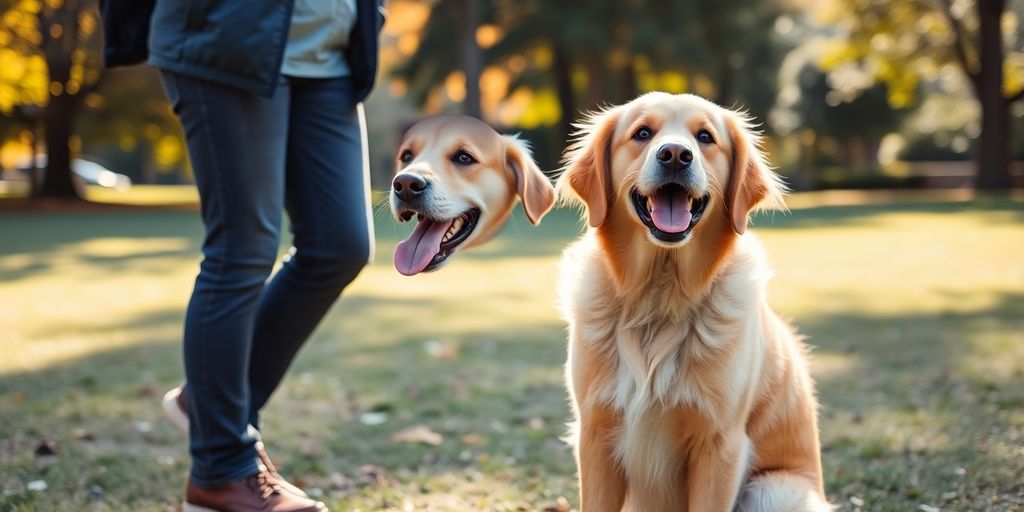Happy dog performing a trick with a trainer.