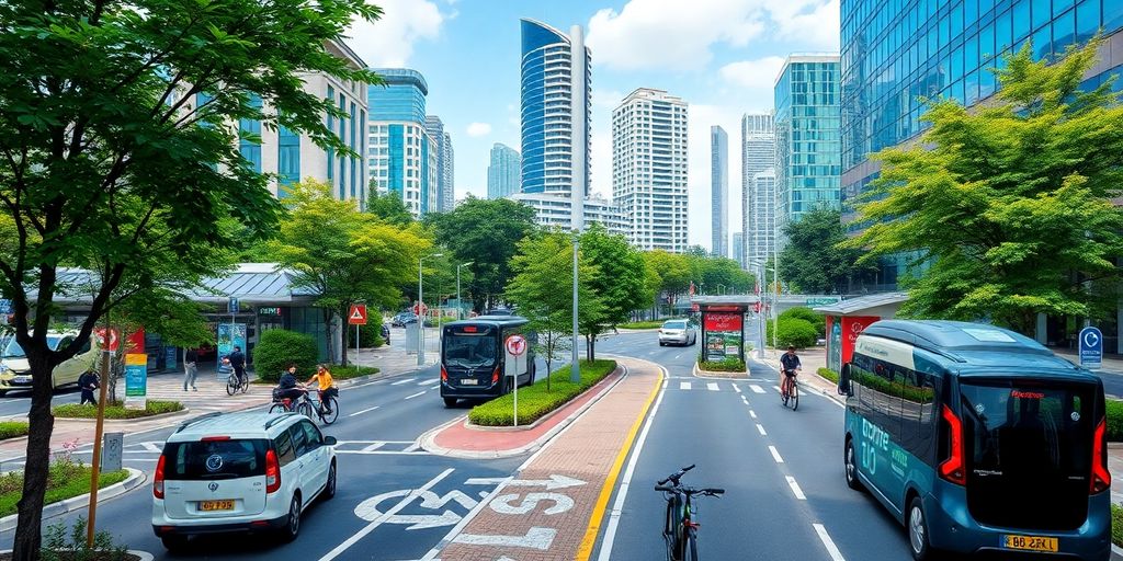 Modern smart city with electric vehicles and bike lanes.