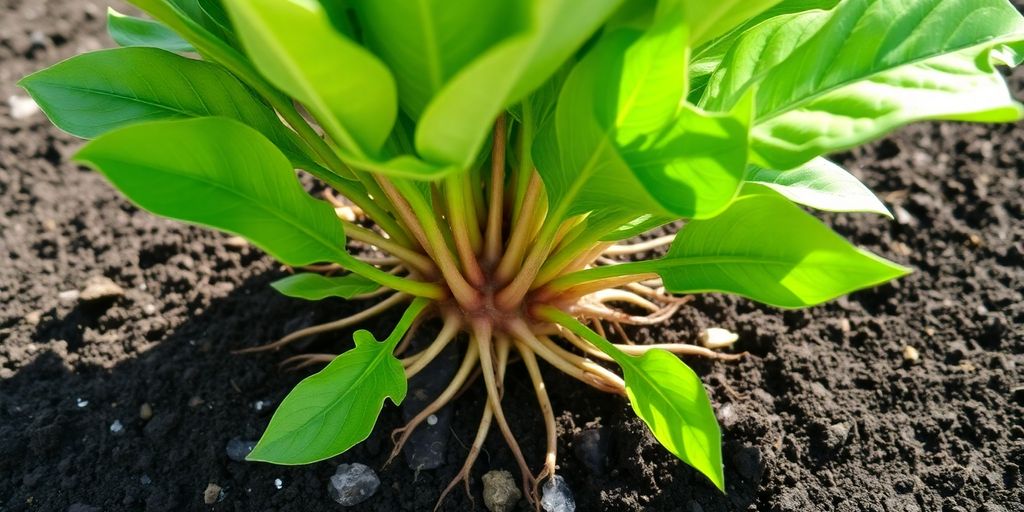 Lush plant, healthy roots, rich soil.