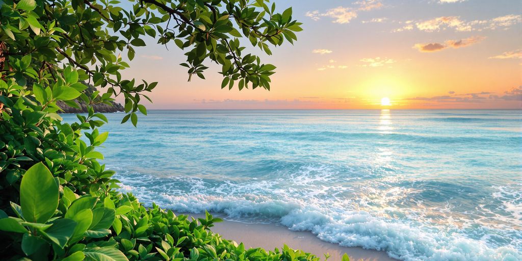 Serene ocean sunset with lush greenery and tranquility.