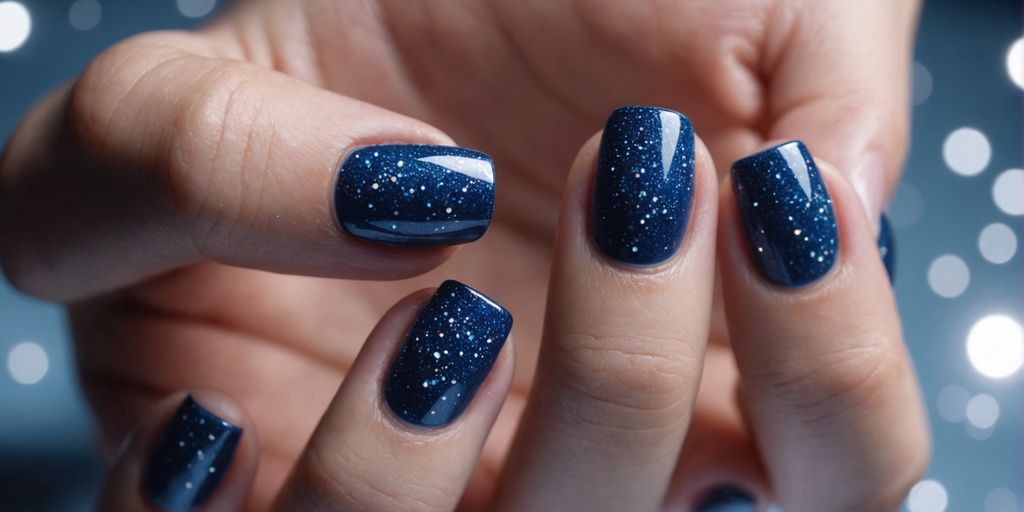 Blueberry Milk Nails with sparkles on a hand.