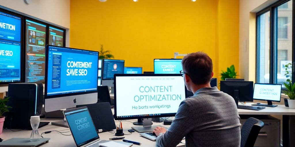 Modern workspace with SEO tools and devices.