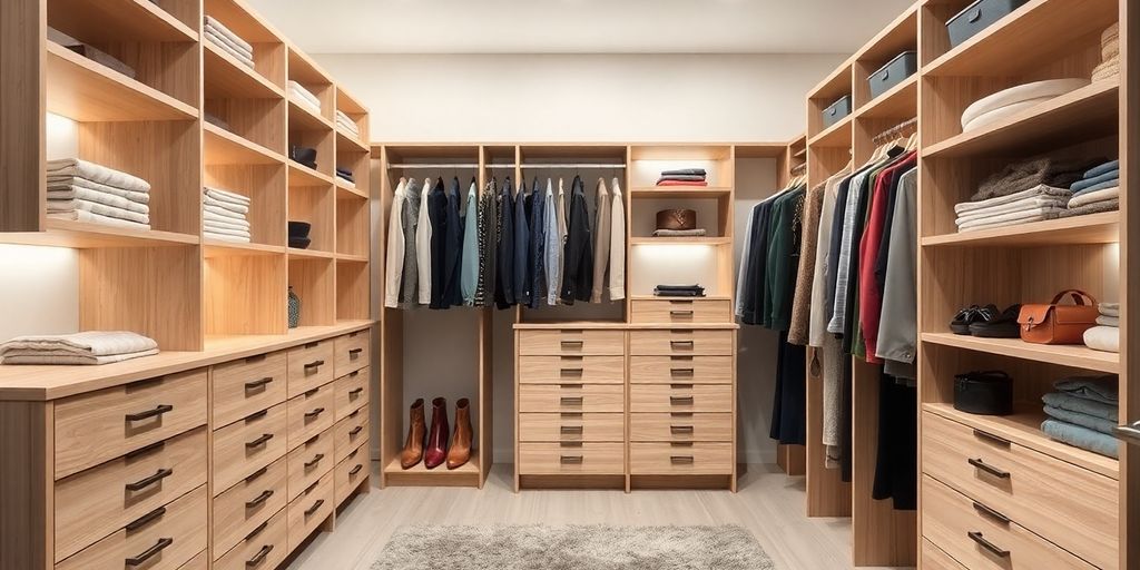 Elegant walk-in closet with custom storage solutions.