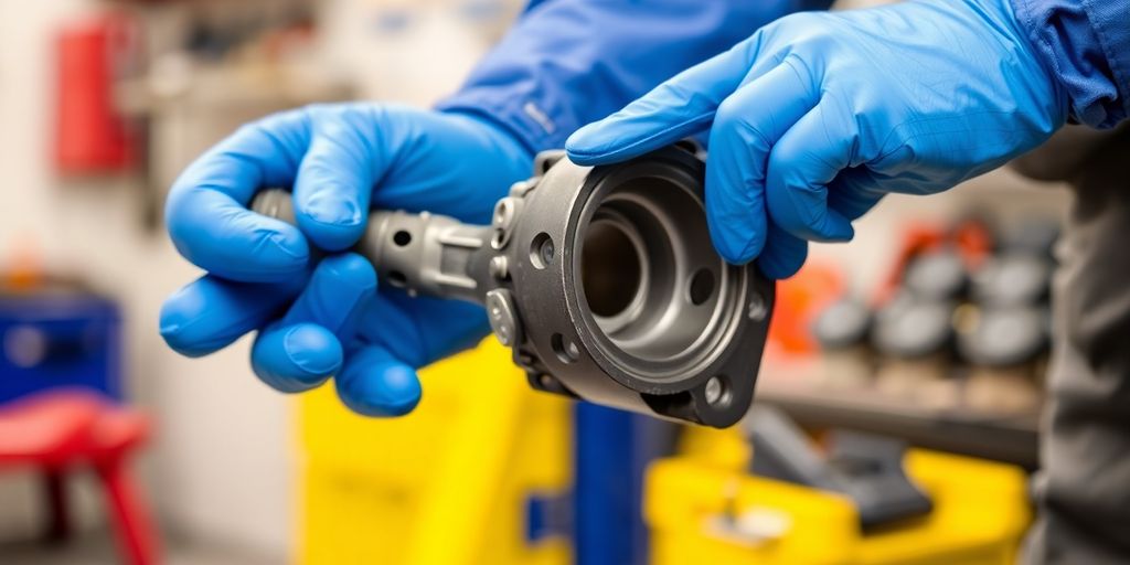 Mechanic holding a new Skoda car part.