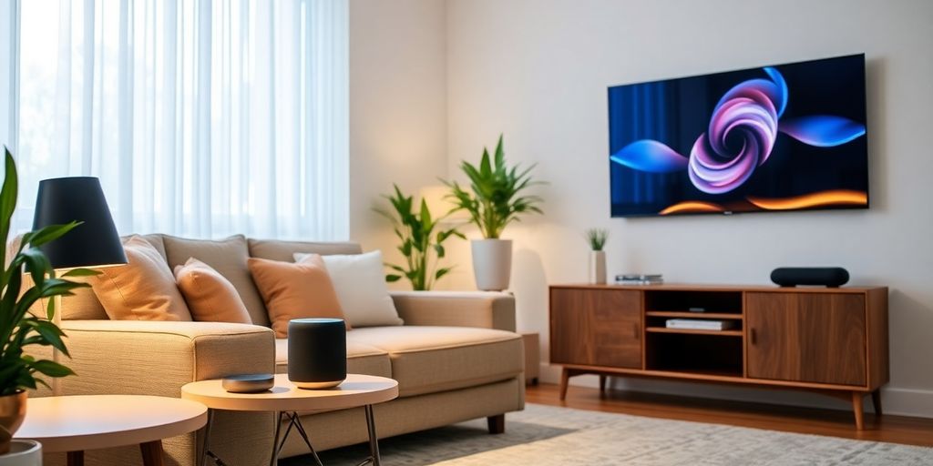 Modern living room with connected smart home devices.