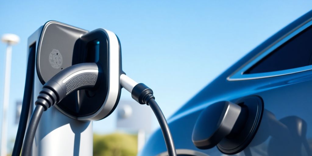 Electric vehicle charging station with a car plugged in.
