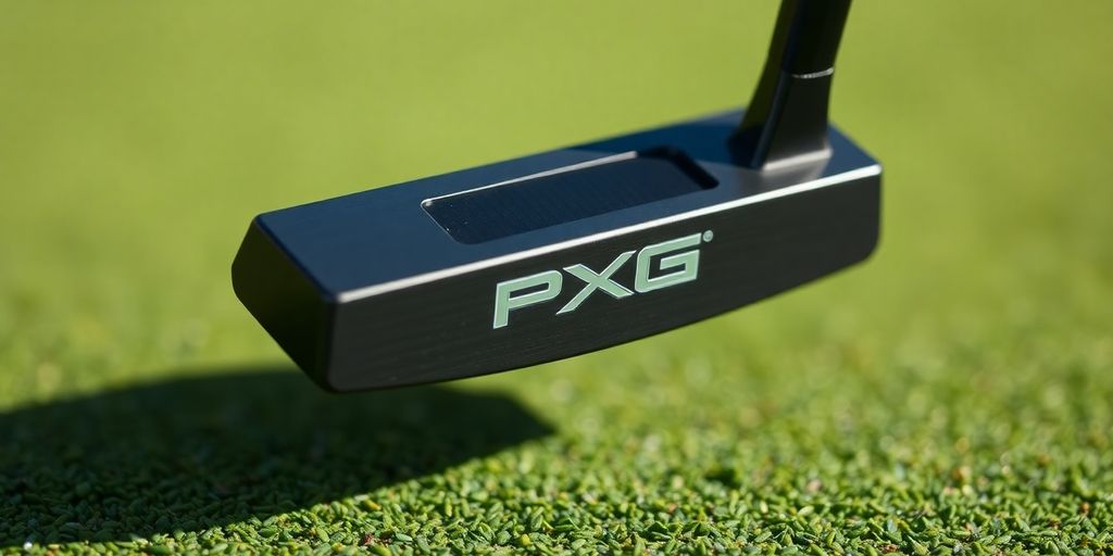 Close-up of a PXG putter on a green surface.