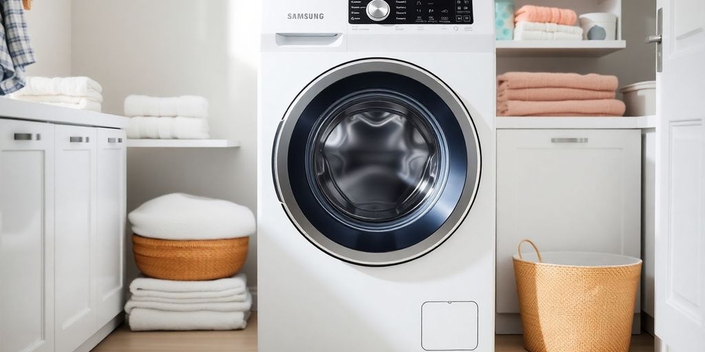 Moderne Samsung Waschmaschine in heller Waschküche.