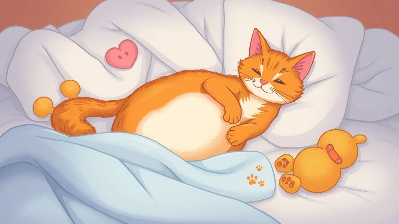 Pregnant cat resting in a cozy bed with toys.