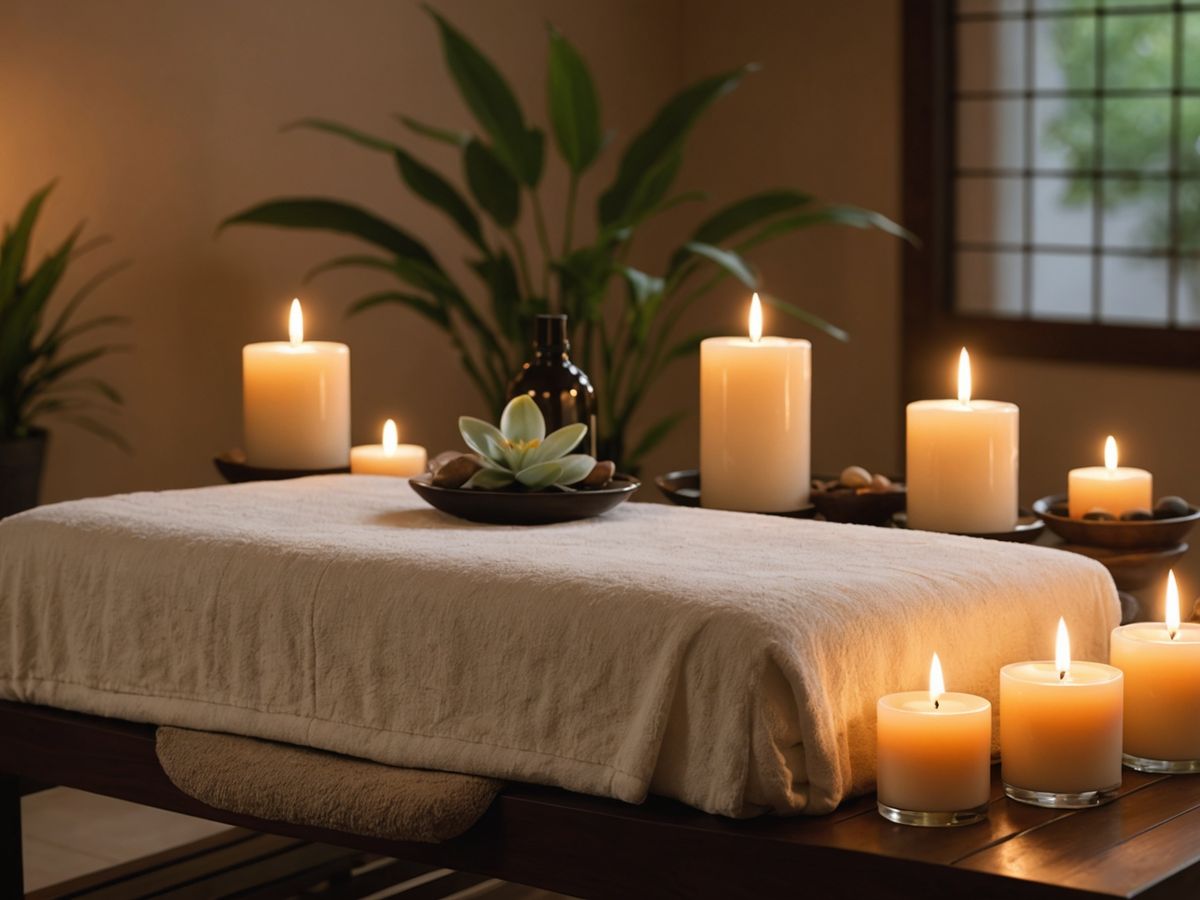 Serene spa with massage table and candles