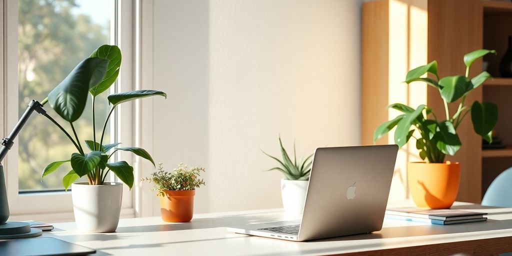 A peaceful workspace with a laptop and plants.