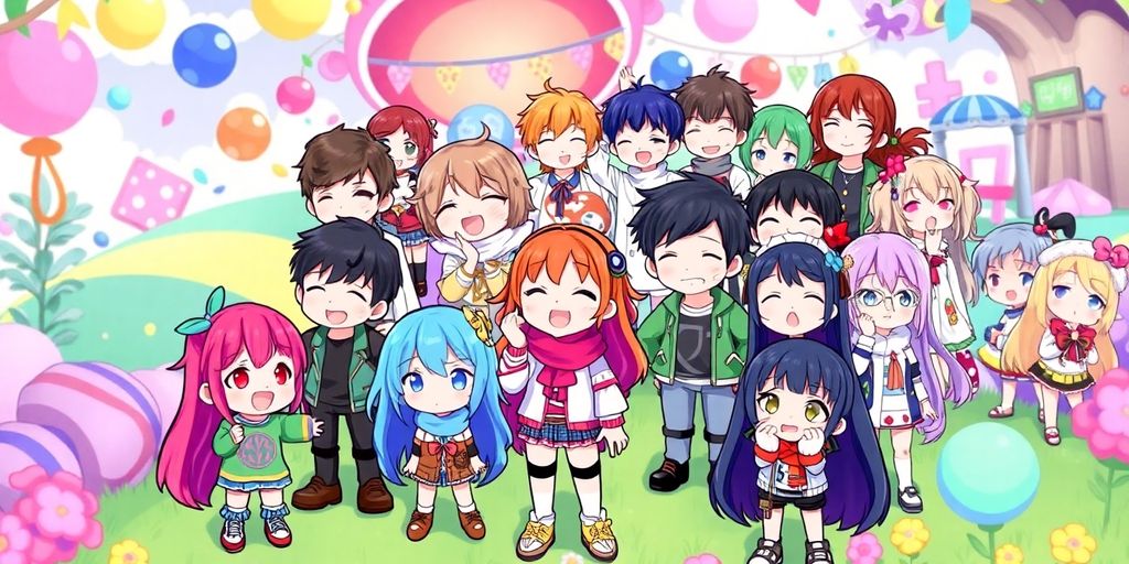 Colorful Gacha Life characters in a digital landscape.