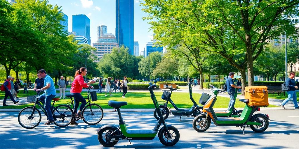 Cenas urbanas com bicicletas, patinetes elétricos e pedestres.