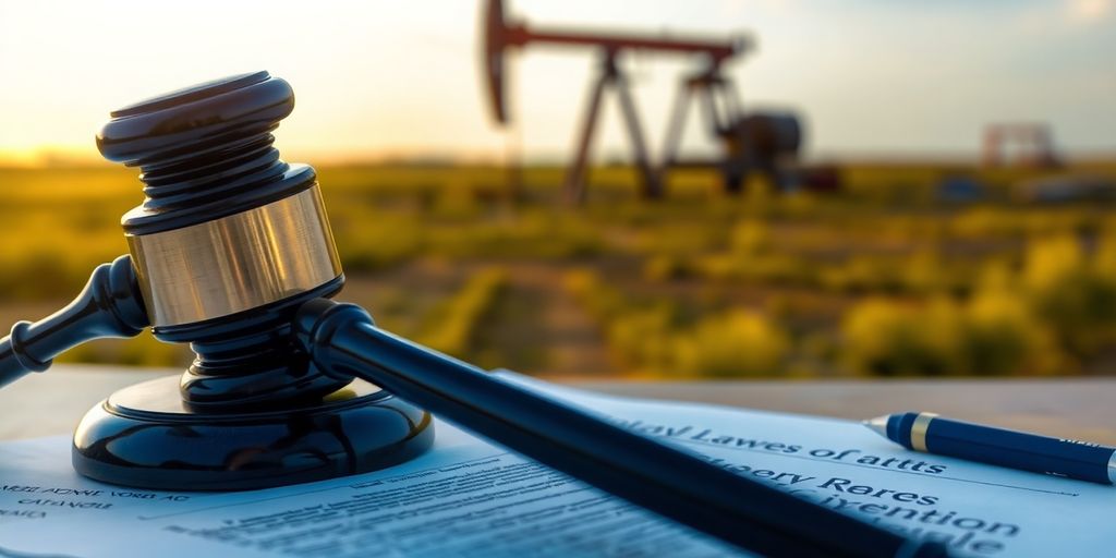 Gavel on legal documents with an oilfield background.