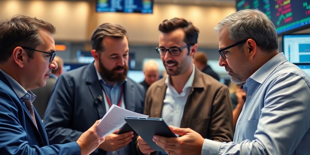 Traders collaborating in a modern financial environment.