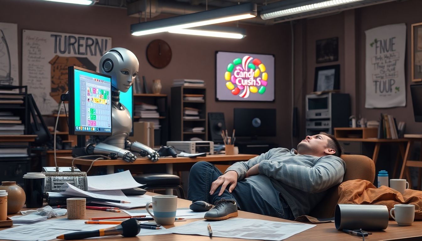 Robot at desk replaces a slumped designer in game studio