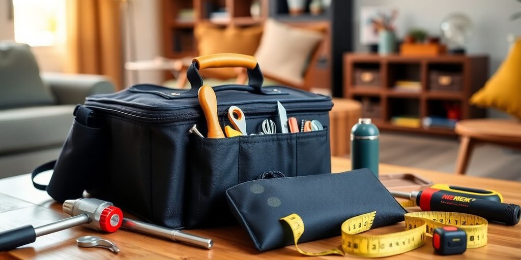 Toolkit with home maintenance items on a table.