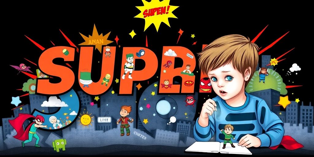 Child holding superhero name art print with vibrant colors.