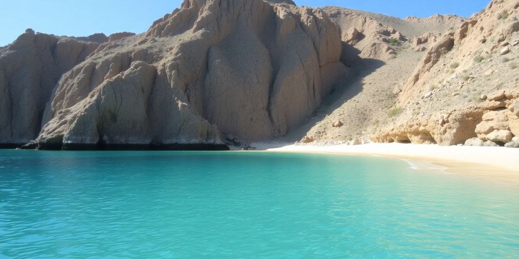 Secluded beach cove, clear turquoise water, rocky cliffs.