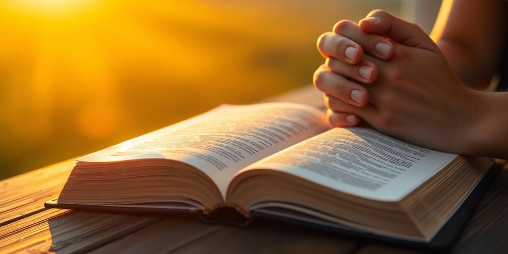 Sunrise, open Bible, and praying hands.