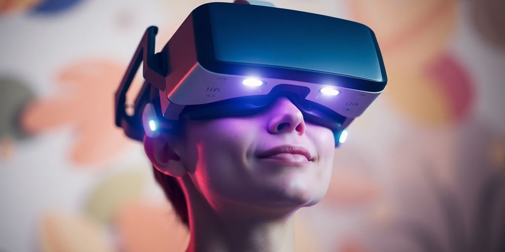 Person in VR headset, serene, virtual world.