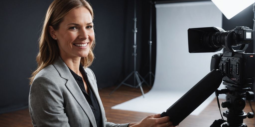 Photographer taking headshot of smiling businesswoman