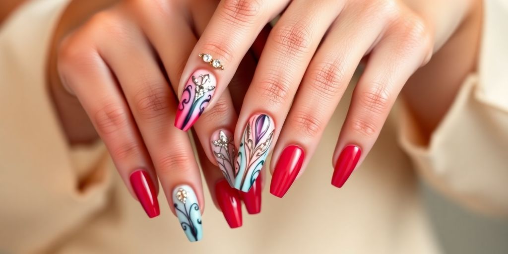 Unhas longas e decoradas em close-up.