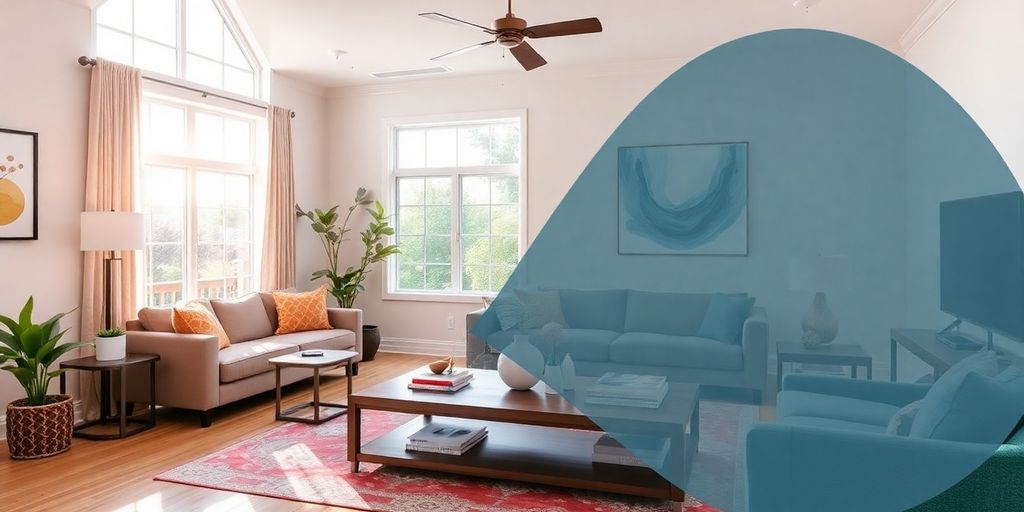 Renovated living room with modern decor and bright sunlight.
