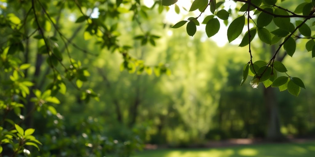 Calm outdoor setting with green leaves and soft light.