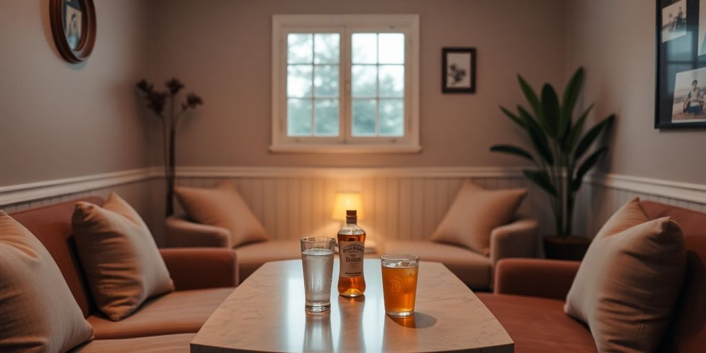 Cozy room with non-alcoholic drinks and comfortable seating.