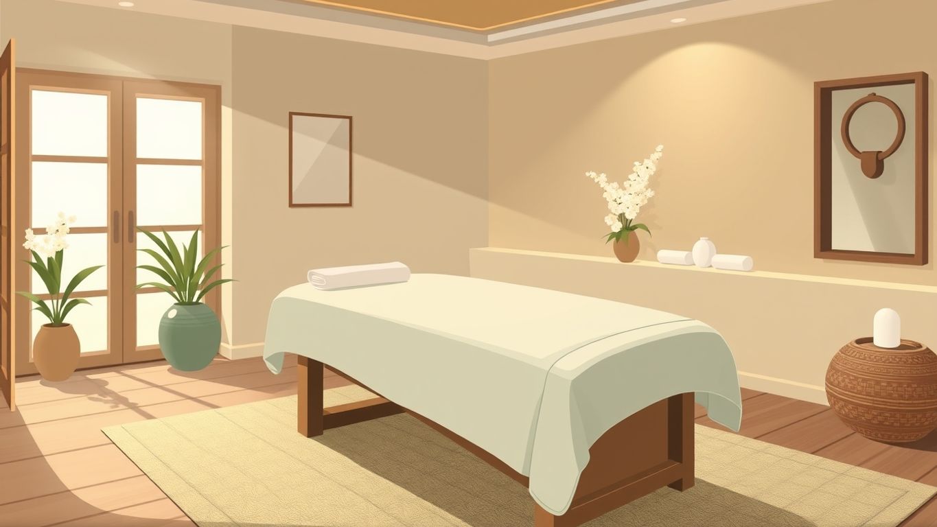 Serene spa setting with massage table and soft lighting