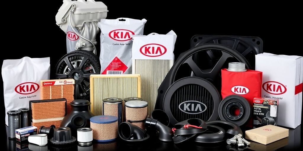 Genuine Kia car parts laid out neatly.