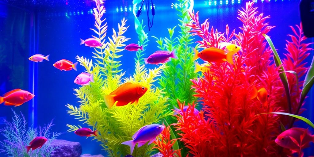 色彩斑斓的水族馆灯光照亮鱼类和水生植物。