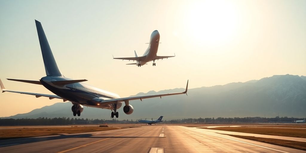 An airplane taking off towards distant snow-capped mountains.