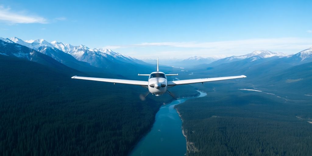 A small airplane flies over rugged, snow-capped Alaskan mountains.