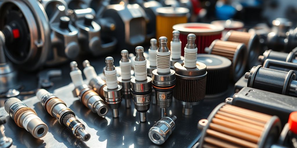 Fiat car engine components laid out on a workbench.