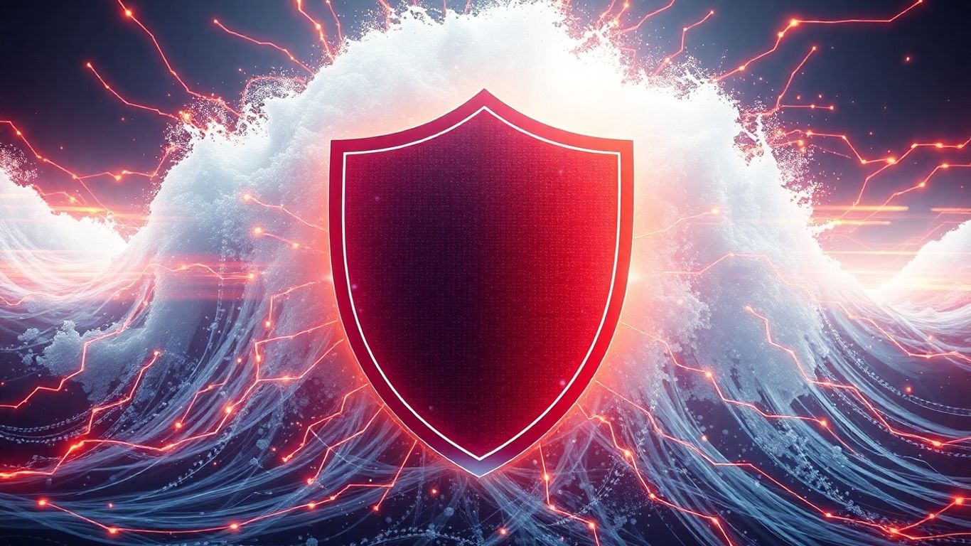 Digital shield blocking a massive data wave.