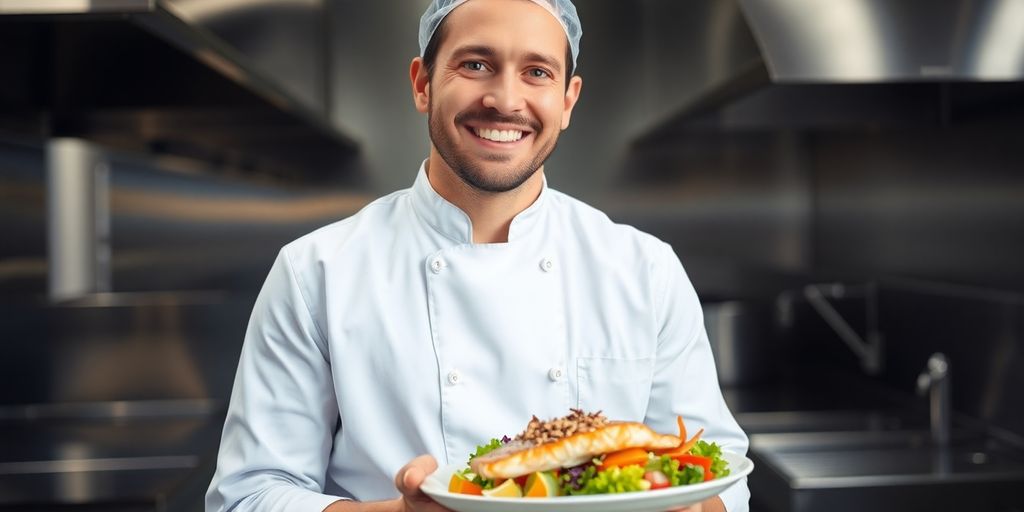 Happy Aussie cook, clean kitchen, tasty tucker.
