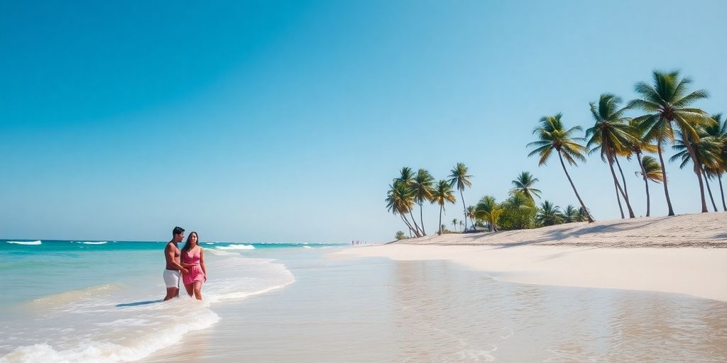 Couple relaxing on a scenic beach during a romantic getaway.