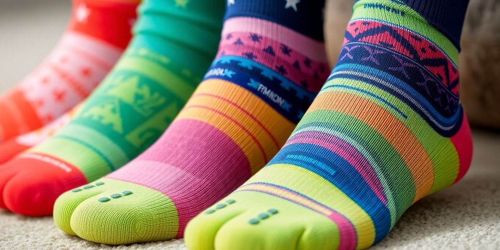 Colorful non-slip socks with textured grips for women.