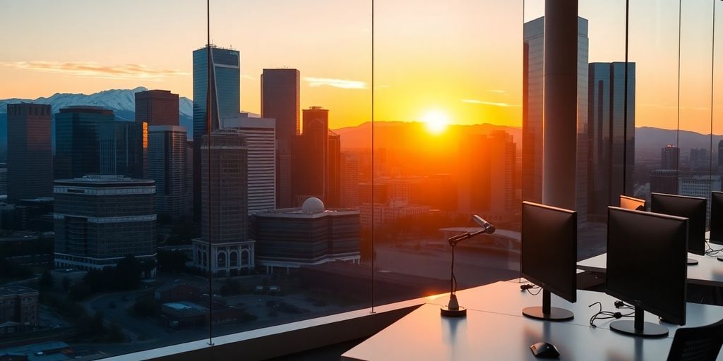 Denver skyline, mountains, and tech office